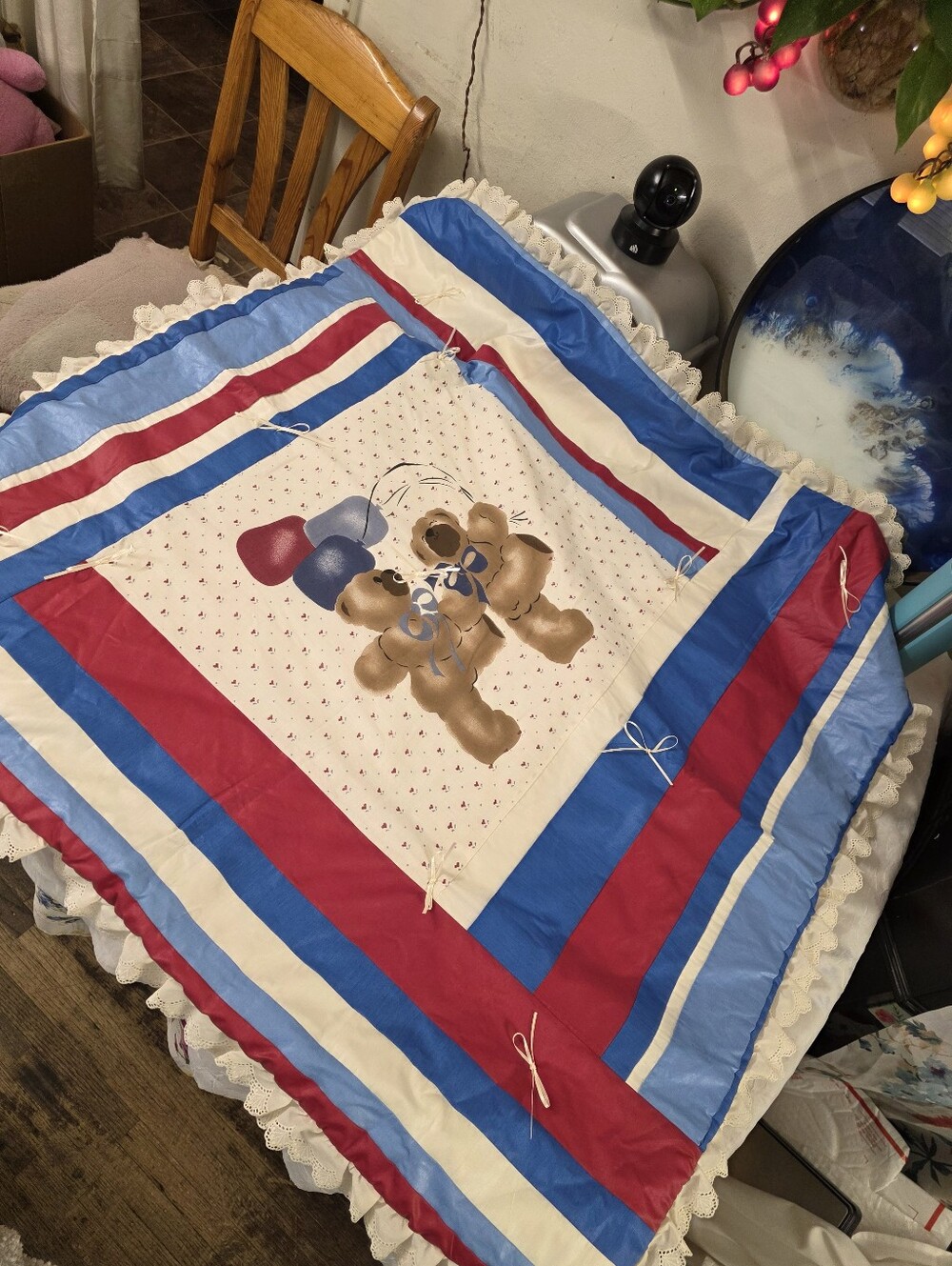 Hand Made Plush Bear Print Baby Blanket in Red, Blue & White